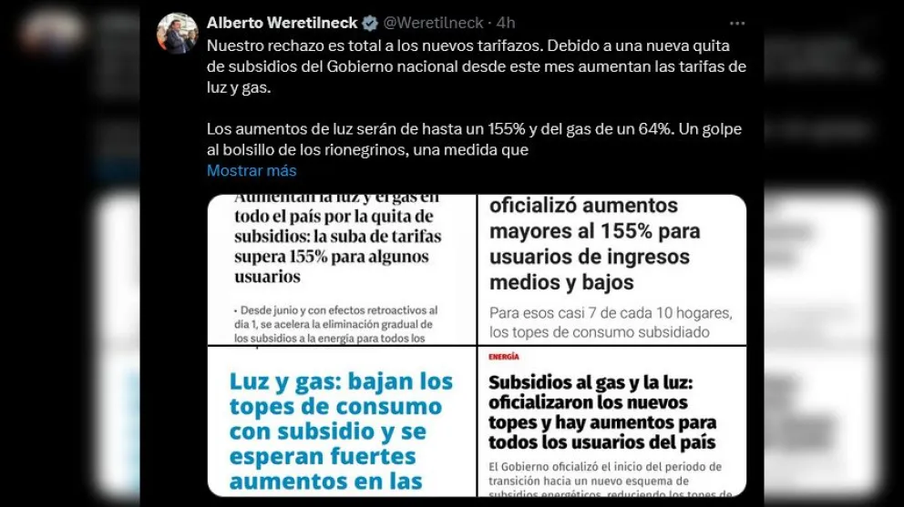 Weretilneck apuntó contra los aumentos en las tarifas de luz y gas