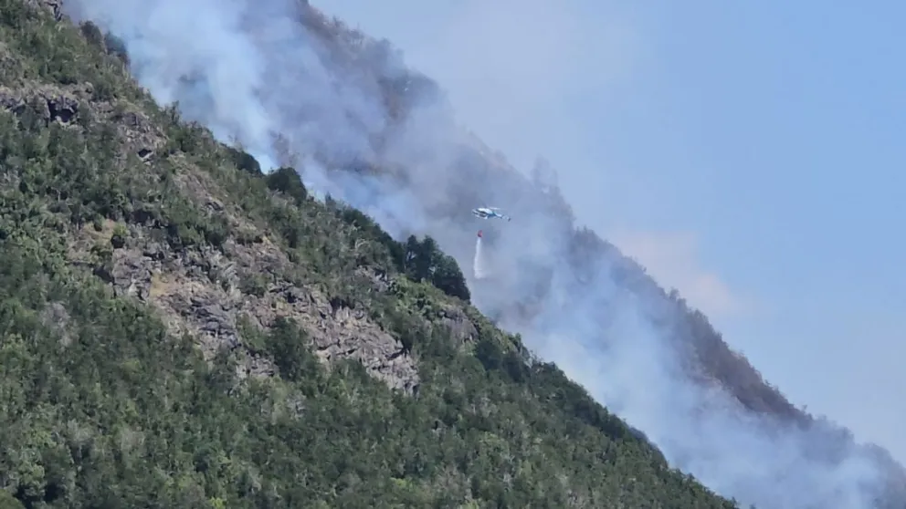 Continúa el combate del fuego en Los Manzanos. Foto gentileza: PNNH