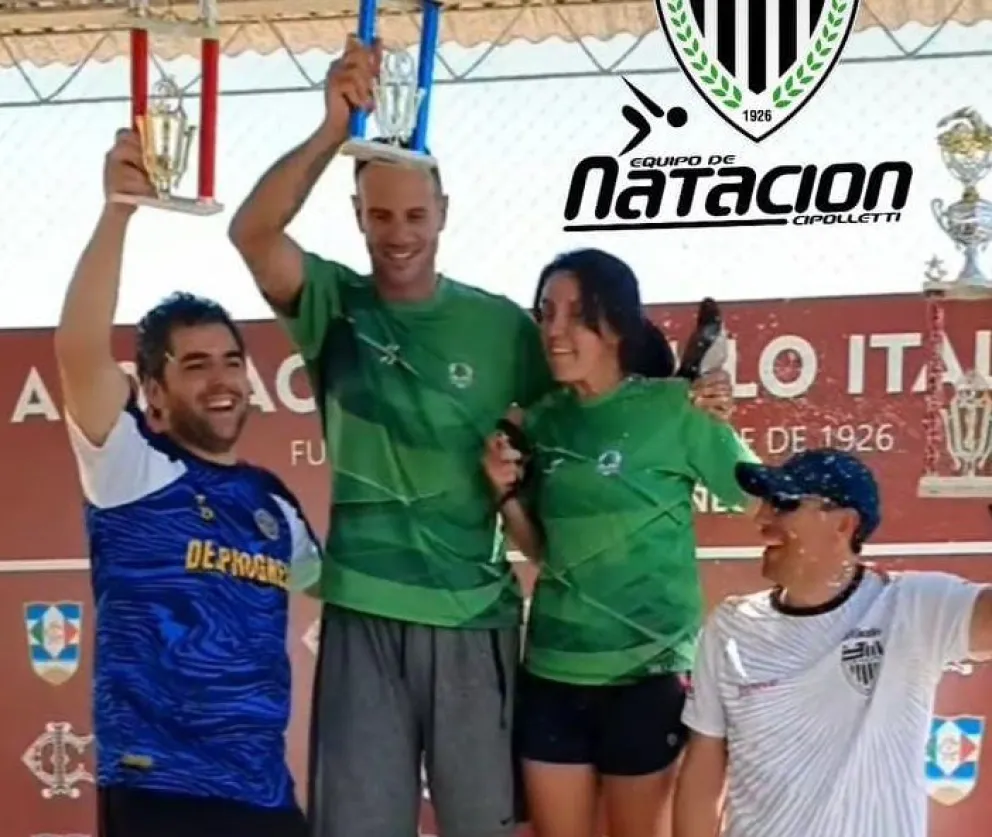 El festejo de Pehuenes en la general. Abajo, las postas con récords provinciales. Fotos: gentileza.