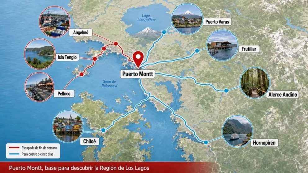 Frente al seno de Reloncaví, Puerto Montt combina su histórica identidad portuaria con mercados, paseos costeros, gastronomía y una amplia oferta comercial.